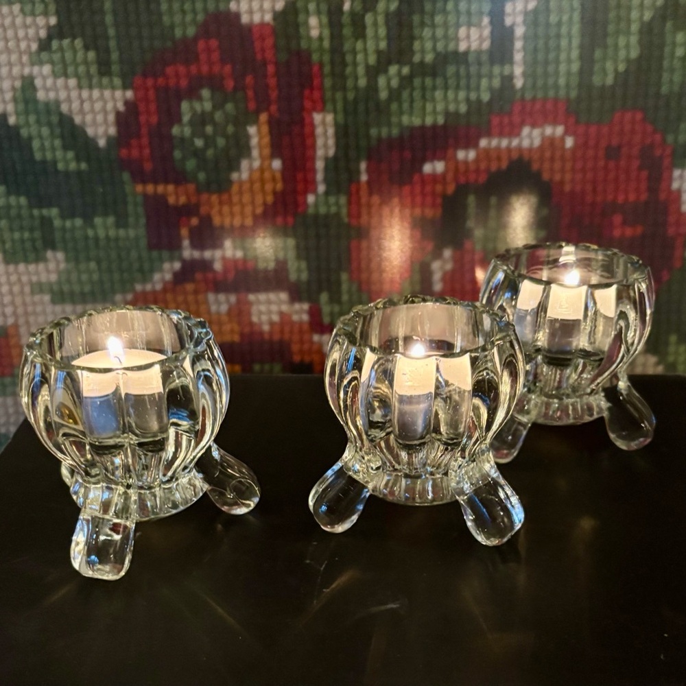 MCM 3 Toed Candle Holders Taper or Votive Candles Set of 3 Glass Candlesticks